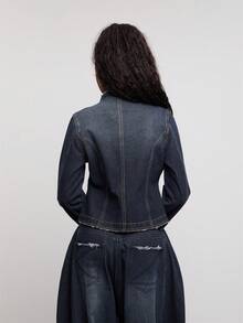 COUREZ Asymmetric Front Military Denim Jacket, Y2K Autumn Fall Going Out Festival Concert Lightweight Drummer Jacket , Fall Winter For Women - Dark Wash - View 3
