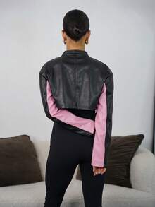 SAYEHFBABY Autumn And Winter Casual Street Motorcycle Style Round Neck Long-Sleeved Off-Shoulder Ultra-Cut Black Red PU Women's Jacket,Party Dresses For Pink - Pink - View 2