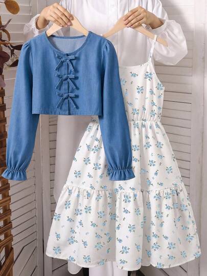 SHEIN 2pcs/Set Girls' Spring/Autumn Casual Knitted Ribbed Bow Decor Cardigan Top And Printed Spaghetti Strap Simple Dress