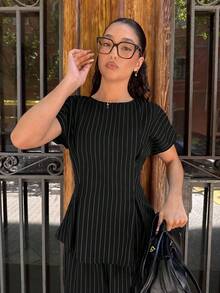Siren Gaze 女款秋季時尚通勤辦公黑白條紋上衣褲子兩件套 教師節商務休閒優雅 - 黑色 - 查看 5