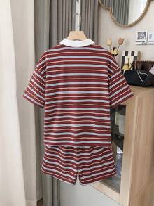 SHEIN 青少年女孩條紋對比領T恤與短褲套裝 - 彩色 - 查看 5
