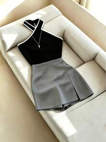 Elenzga Französische Mode Lässig Sommer Elegant Pendler Farbblock Neckholder Grau 2 in 1 Skort Set - Schwarz - Übersicht 4
