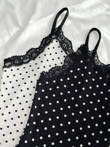 IslaSuriya 女款波點印花細肩帶棉質蕾絲飾邊背心 - 彩色 - 查看 3