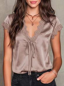 Solivie Women's Summer Elegant Satin Lace Trim Blouse - Camel - View 6