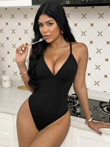 SHEIN Sports Women's Solid Color Deep V-Neck Spaghetti Strap Athletic Jumpsuit - Black - View 7