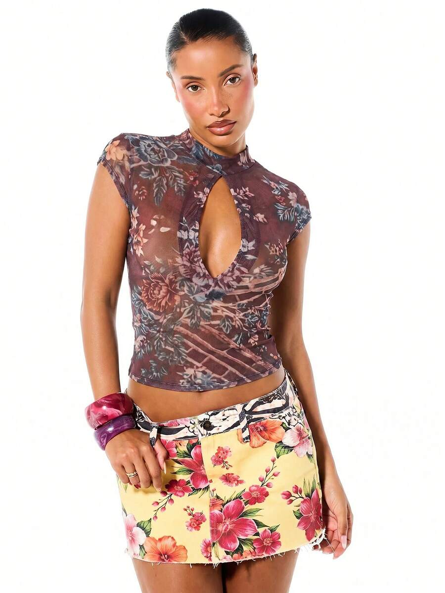 SUMWON WOMEN Floral Print Sheer Mesh Crop Top With Mock Neck Keyhole Front And Cap Sleeves Summer Festival Top - Burgundy - View 1