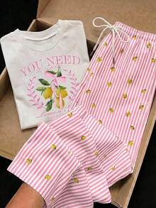 Comfortcana 2件組刺繡圓領短袖上衣與條紋印花長褲，休閒風 - 淺粉色 - 查看 1