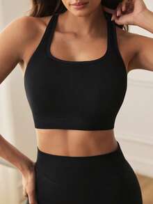 Eassivo Eassivo Women's Solid Color Criss-Cross Back Daily Fitness Sports Bra - Black - View 3
