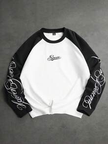 SLATEMANN Camiseta de hombre con bloques de color, patchwork y estampado de letras - Blanco y Negro - Ver 3