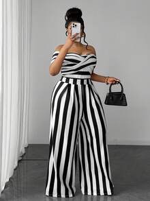 Maweii Plus Size Women's Off-Shoulder Striped Patchwork Casual Daily Jumpsuit - Black and White - View 5