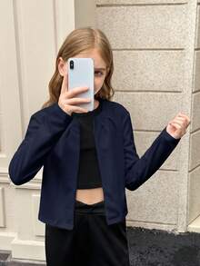 SHEIN 兒童青少年女孩休閒日常百搭純色百褶圓領前開扣短版七分袖秋季外套，返校季 - 藍色 - 查看 6