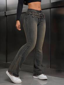 SHEIN Tall 女款前扣口袋簡約牛仔褲，休閒日常穿著，適合高個女性 - 深色水洗藍 - 查看 8