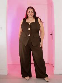 Pretty and Ole Plus Size Casual Vest And Pants Two Pieces Set Elegant Summer - Coffee Brown - View 1