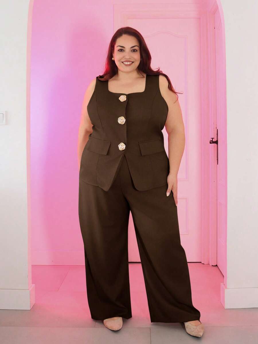 Pretty and Ole Plus Size Casual Vest And Pants Two Pieces Set Elegant Summer - Coffee Brown - View 1
