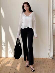 Dazy Tall Women's Slim Fit Base Layer Elegant Ankle-Length Pants With Side Slit Fall - Black - View 3