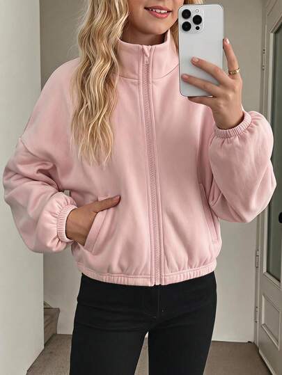 Girlism Tween Girl Tween Girls Coats Autumn/Winter New Pink Solid Color Zipper Long Sleeve Casual Hooded Sweatshirt Jacket, Airport, Back To School, Sister Outfit