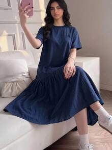 SHEIN 青少年女孩海軍藍拼接兩件式洋裝，圓領短袖，刺繡裝飾，百褶下擺，學院風休閒返校穿搭 - 寶藍色 - 查看 7