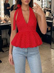 SHEIN PariChic 優雅法式女款內建胸墊免穿內衣波點掛脖綁腰荷葉邊上衣 - 紅色 - 查看 5