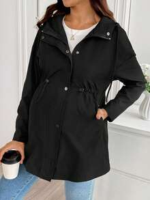 SHEIN Maternity Solid Color Zip-Up Hooded 3-In-1 Jacket Autumn /Winter Casual Office Family Vacation Beach Black - Black - View 4