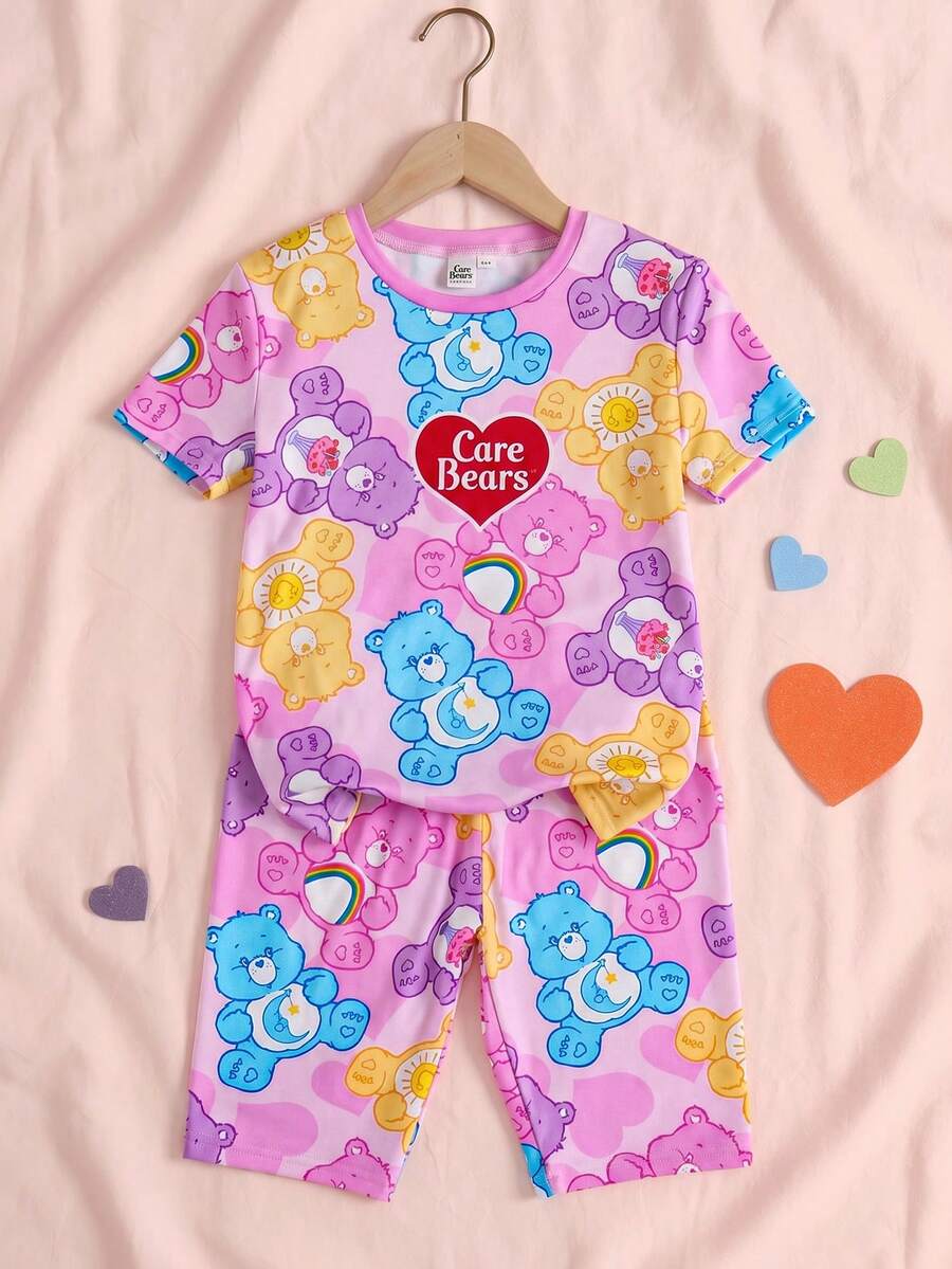SHEIN X Care Bears Tween Girl Short Sleeve Top And Shorts Loungewear - Multicolor - View 1