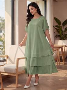 SHEIN Lady CURVE 大码休闲连衣裙，白色圆领，不对称飘逸下摆，波西米亚风格，适合春夏穿着 - 綠色 - 查看 6