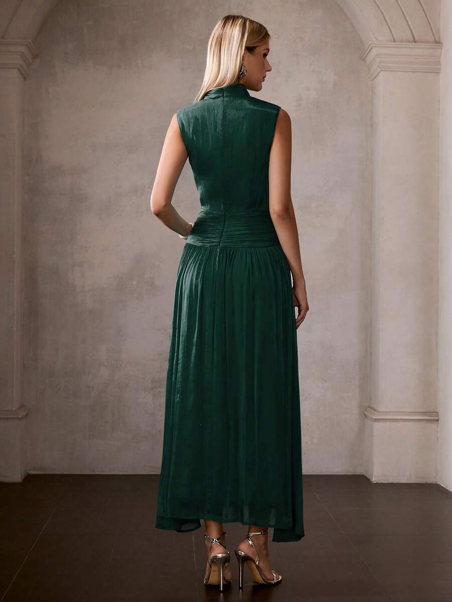 MOTF PREMIUM FRENCH STYLE SLEEVELESS HIGH NECK RUCHED CINCHED WAIST LONG DRESS FOR WOMEN - Dark Green - View 2
