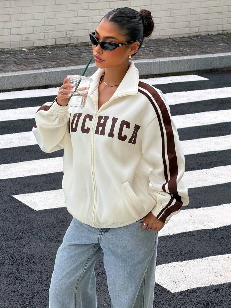 Muchica Beige Brown Letter Print Sweatshirt For Women Casual Streetwear Y2K Vacation Back To School Festival Going Out Basic Zip Up Track Jacket With Contrast - Beige - View 1
