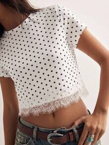 Easelle White Polka Dot Lace Patchwork Cropped T-Shirt For Women - Black and White - View 1