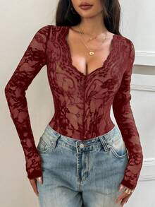 Zielony Almamuse 女士 Y2k 极简性感可爱 V 领长袖披肩假两件套黑色蕾丝嬉皮风透视连体衣，通勤友好，时尚百搭，适合所有季节，与校园女生和街头时尚达人风格一致，波西米亚风女装 - 酒紅色 - 查看 5