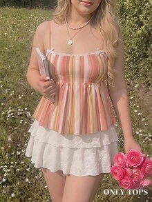SHEIN MOD 大尺碼橘色條紋可愛細肩帶上衣，夏季鄉村女孩風，度假休閒假日穿搭 - 彩色 - 查看 9