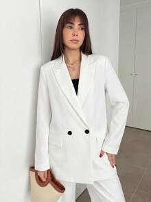 Hitanina 女款商務風純色雙排扣西裝外套，通勤穿搭，秋季白色 - 白色 - 查看 4