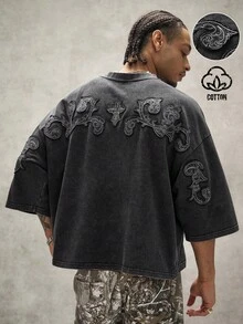 PAVTROS 男士時尚復古落肩短袖圓領寬鬆夏季T恤，度假風 - 黑色 - 查看 2