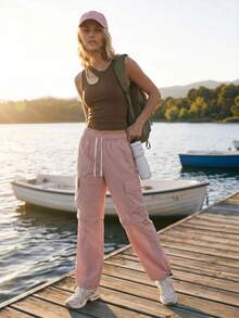 WanderVale Women's Solid Color Drawstring Waist Cargo Pocket Hiking Pants - Pink - View 4
