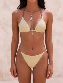 Swim Mod Bộ bikini 2 mảnh dây mảnh màu trơn, ngọt ngào dễ thương, họa tiết hoa, kiểu cắt cao bên hông, dành cho mùa Xuân/Hè 2026. - Màu be - Xem 1