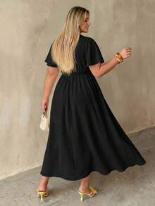 Auralis Plus Size Summer Casual Solid Color Waist-Cinching Dress Brunch Bussines Vacation Black - Black - View 3