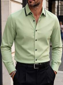 Manfinity Mode Men's Solid Color Plain Button Open Long Sleeve Shirt, For Husband, Work, Fall, Old Money Style, Formal - Mint Green - View 1
