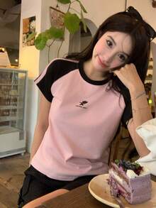 TOM AND JERRY X DAZY Women's Casual Round Neck Contrast Color Raglan Sleeve T-Shirt, Summer Cute Top - Pink - View 1