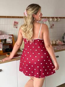 Slumberry CURVE Plus Size Women Heart Print Knit Fabric Contrast Color Lace Strap Mini Nightgown - Red and White - View 2