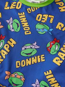 TEENAGE MUTANT NINJA TURTLES | SHEIN Young Boy Round Neck All-Over Print Short Sleeve Top And Shorts Casual Daily Home Sleepwear Set - Green - View 4