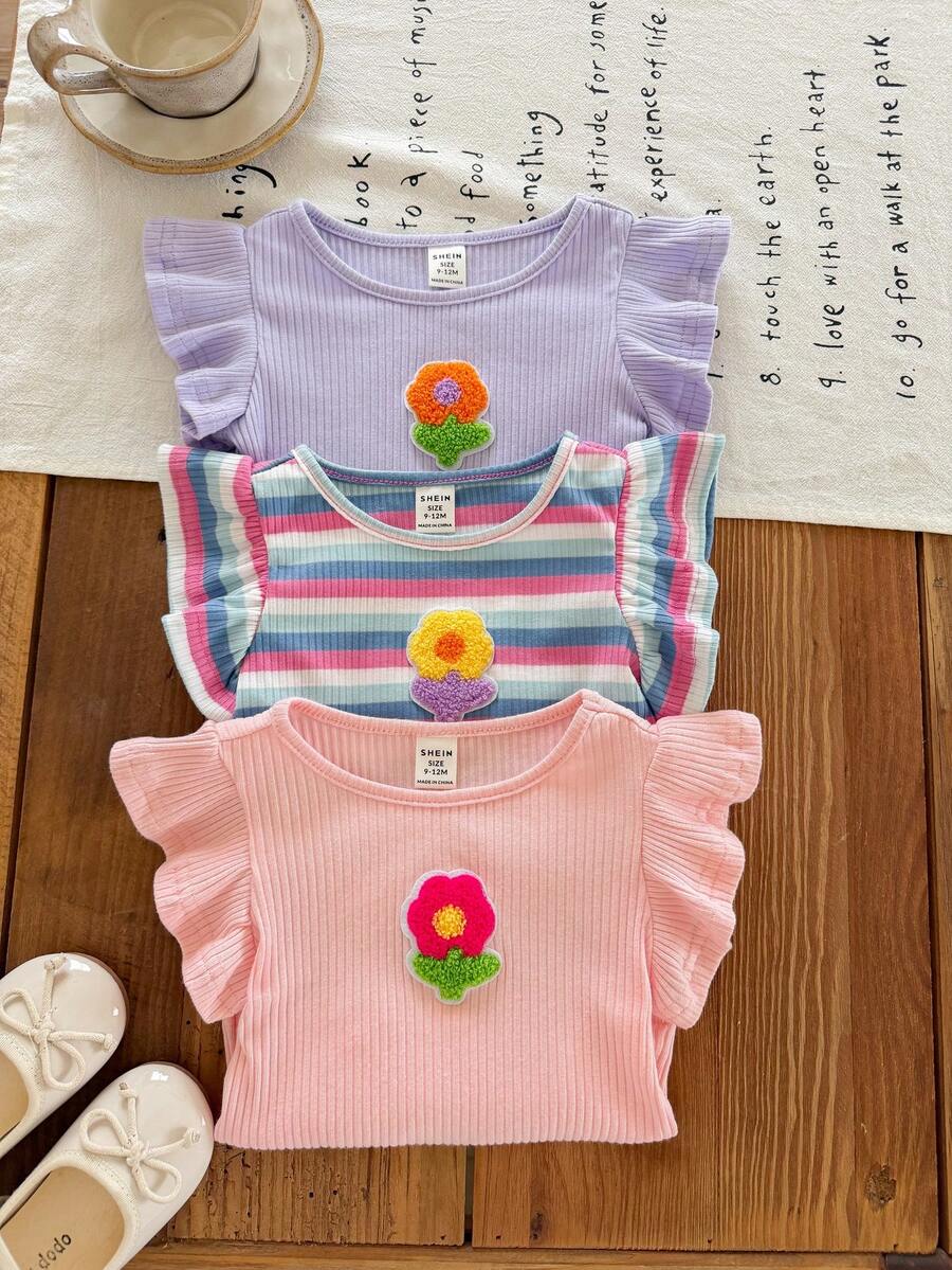 LMoss Kids 女嬰 3 件組針織純色條紋 3D 花朵圓領背心上衣 - 彩色 - 查看 1