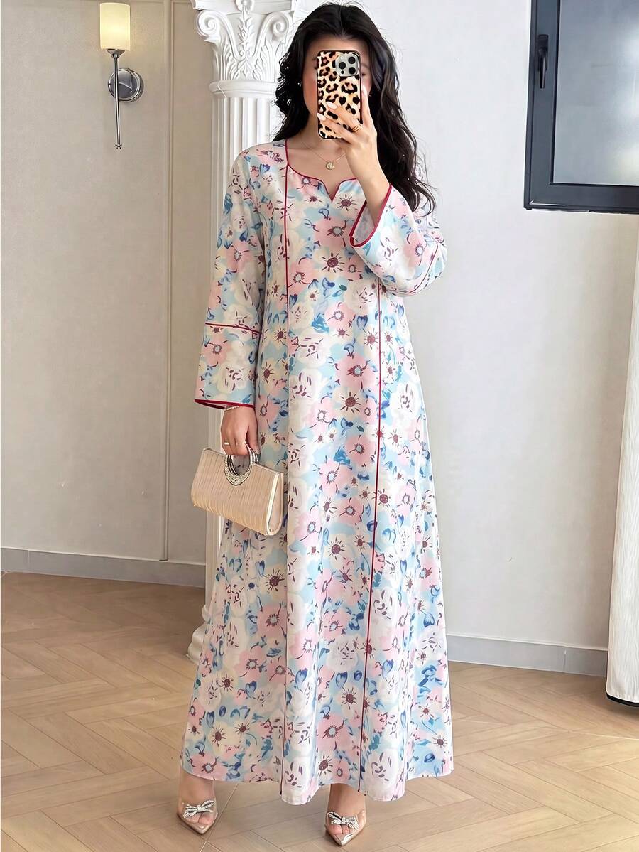 Al Najma 春夏季花卉寬鬆修身 9/10 袖阿拉伯風洋裝
