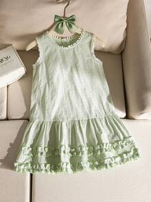 SHEIN Genkimix Kids 女童夏季法式鄉村風舒適3D提花面料荷葉邊無袖背心洋裝，適合日常穿著 - 綠色 - 查看 1