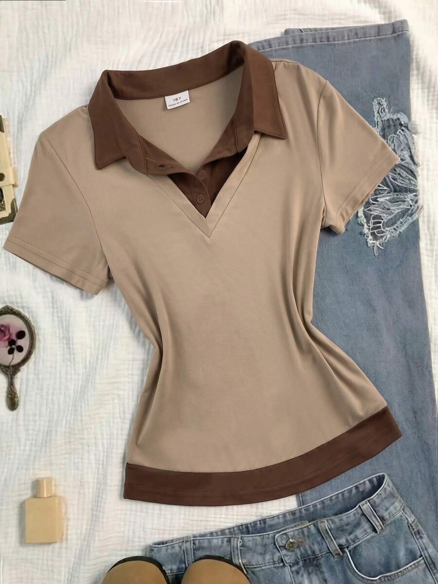 兒童青少年女孩夏季新款棕色與杏色拼色 2 合 1 拼接 Polo 領短袖 T 恤,休閒學院風 - 棕色 - 查看 1