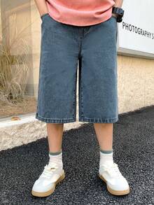 SHEIN 青少年男孩时尚复古休闲棉质弹力腰带口袋牛仔短裤，适合日常穿着，春夏皆宜，也适合锐舞派对和海滩活动。 - 深色水洗藍 - 查看 3