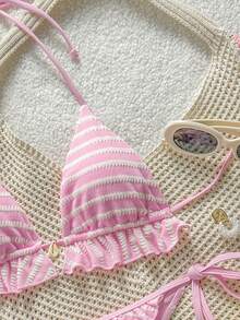 SHEIN Swim Women's Summer Beach Vacations Sweet & Cute Pink And White Striped Ruffled Bikini Set ,Two-Piece Open-Back Halter-Neck Bikini Set With Tie-Back Detail - Pink - View 6