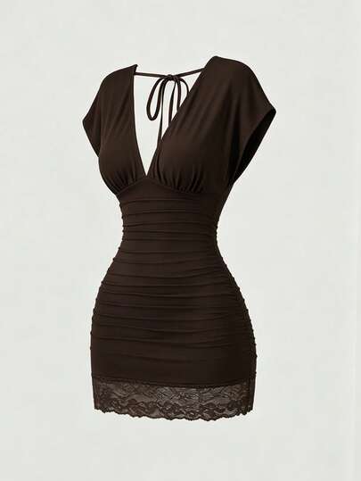 Sweetra Vintage Simple Elegant Casual Office Commute Bar Gathering Shopping Date Deep V-Neck Ruched Waist Dress With Double Side Drawstring Back Large V-Neck Tie Hem Lace Trim Chocolate Brown Spring Summer Autumn Women's Dress
