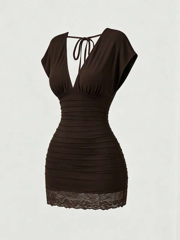 Sweetra Vintage Simple Elegant Casual Office Commute Bar Gathering Shopping Date Deep V-Neck Ruched Waist Dress With Double Side Drawstring Back Large V-Neck Tie Hem Lace Trim Chocolate Brown Spring Summer Autumn Women's Dress