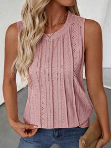 Balvessa Women's Crew Neck Sleeveless Textured Casual Tank Top, Spring/Summer Fashion - Dusty Pink - View 3