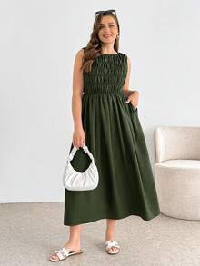 SHEIN Essnce 大尺碼夏季休閒純色無袖洋裝 - 軍綠色 - 查看 5