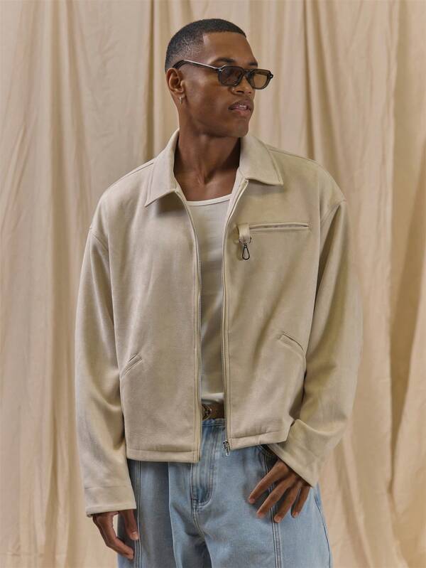 Musero Standared Collared Zip Up  Suede Jakcet Pocket Zip Detail Spring Summer Essnetials